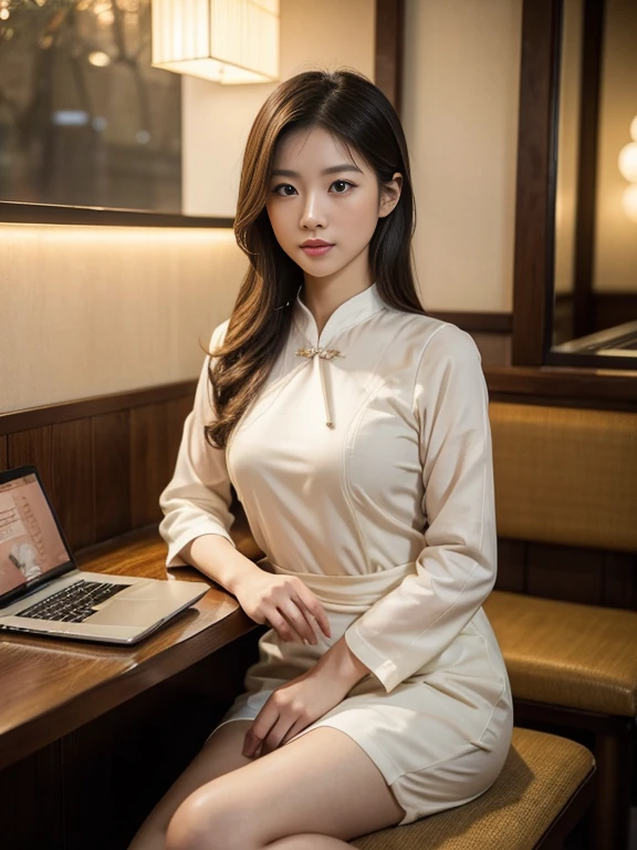 A beautiful Japanese woman working on a laptop in a cafe terrace, drinking a cafe au lait, retro-style cafe interior, detailed face, beautiful eyes, detailed hair, intricate cafe, warm lighting, cozy atmosphere, photorealistic, 8k, masterpiece, extremely detailed, elegant, refined, serene, cinematic, natural lighting, soft colors, wearing ao dai