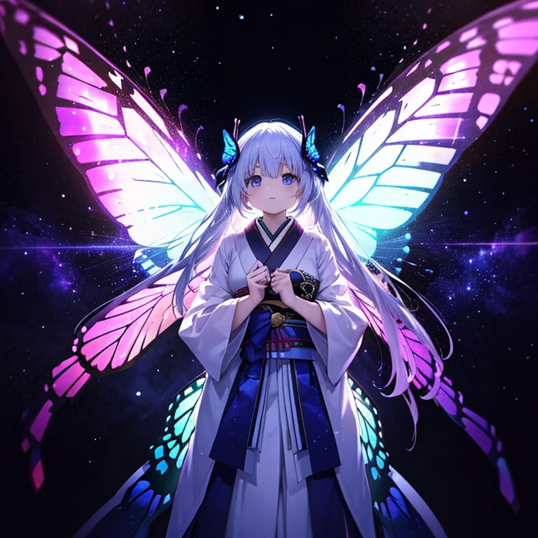 One Woman,Archangel((Galaxy Wings,butterfly,Infinite Depth,grow up,Very mysterious,close)) background(Cyber World) Serious expression,Looking up diagonally, Pure white long hair,風に吹かれている ネオンカラーとても輝いている butterfly,Super mysterious Japanese anime style