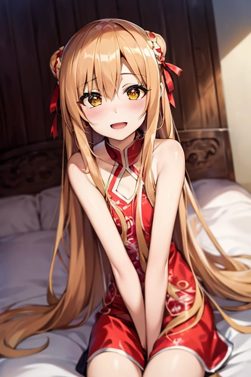 ((Best Quality)), ((masterpiece)), (be familiar with), Perfect Face, indoor, bedroom, Watching the audience,
One woman, Yuuki Asuna,
Open Mouth, Ecstatic expression, blush, smile,
Small breasts, Flat Chest, , , , Girl,
Long Hair, Long Hair,
Leg spread,