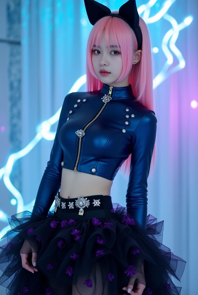 cool cyber idol girl、、shiny pink mini dress、、、good style、whole body、、shiny belt、Cyber Jacket、silver hair