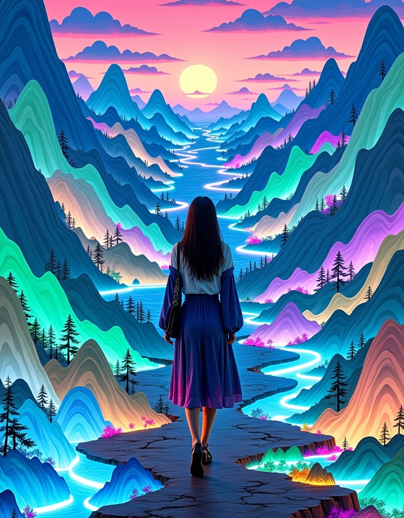 1girl, on the journey, close-up of the character, immersed in the three-dimensional landscape like a thousand-mile map of mountains and rivers, incorporating cyberpunk-style colors, fluorescent colors, movie lenses, and master composition