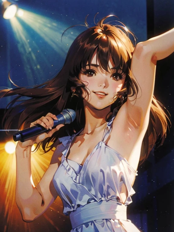 photorealistic:0.6,portrait of a beautiful woman,ambient light, shadows, 1girl,lynn minmay,1,skinny,cheerful,beautiful brown eyes,pointing at star,singing,on stage,