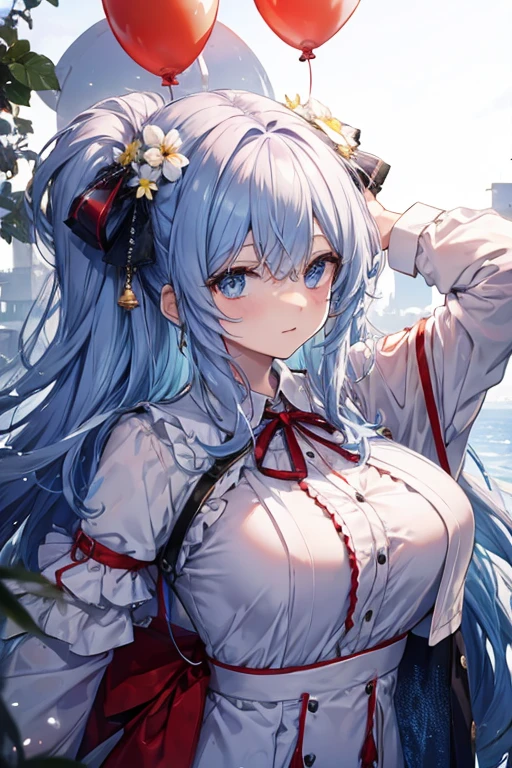 ayaka genshin impact, beautiful girl, long blue hair, beautiful face,smiling,close up to hips, beautiful breast, in the middle of flowers field, (open mouth:0.4),illustration,detailed textures(realists),ultra-detailed,portrait style,vivid colors,soft lighting, blushing, mature, hair fluttering, evening light, ((half body)), no bra, wearing casual pajamas, perky. ((side profile until hips))