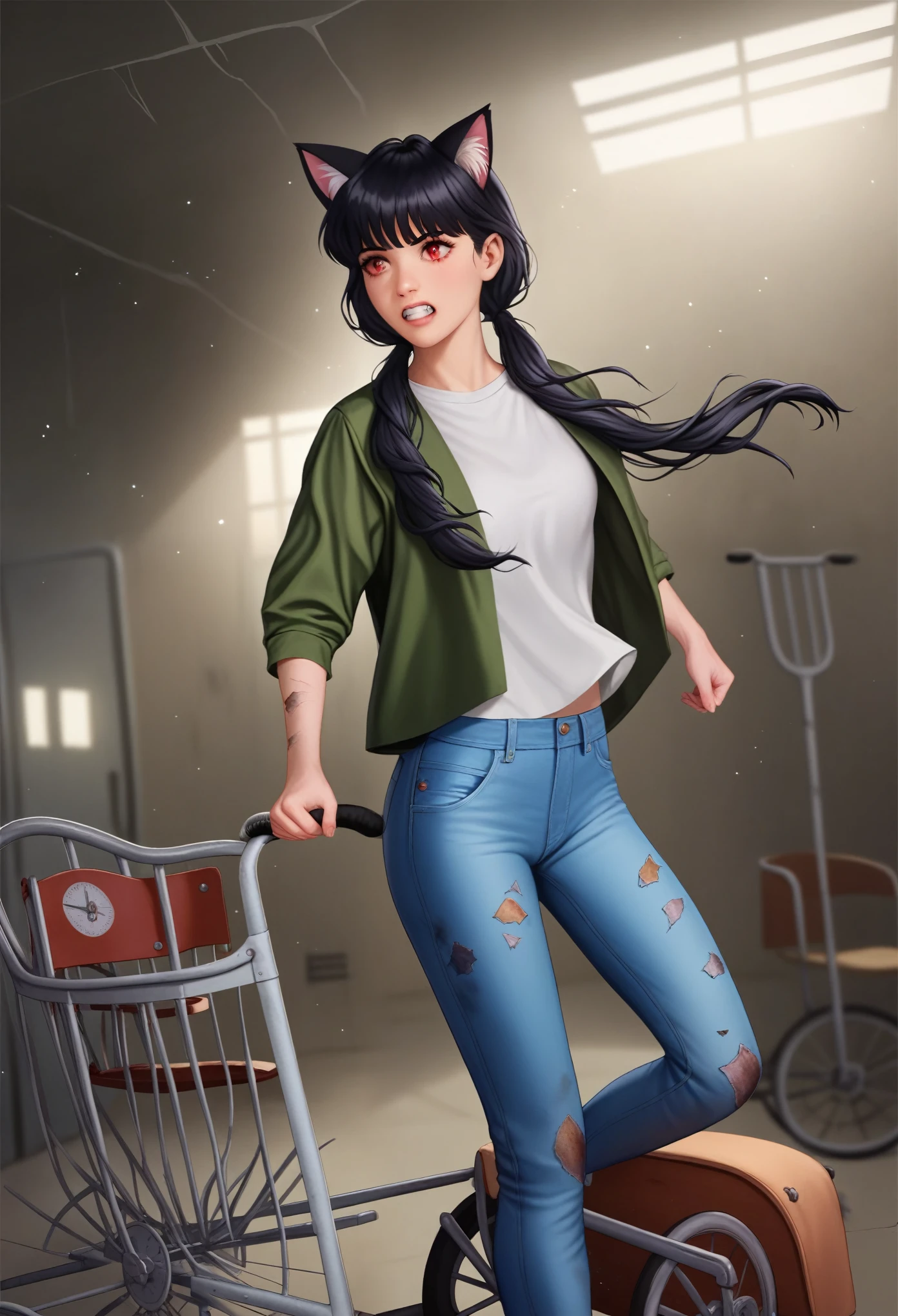 ((Professional photography of a lonely junkotvv teenager exploring an abandoned hospital.)), alone, (black haired teenager, cat ears, fringe,  ((Long black hair with pigtails behind, loose hair, fringe, cat ears and red eyes, dressed in blue jeans with a white t-shirt and a green jacket)),, scared look, innocent teenager running away from something, (holding a retro lantern, illuminating a dark area, Ray of Light:1.1),
[detailed background], abandoned hospital background, ((wheelchairs, :1.2)), empty rooms, (de pesadilla, dense teeth:1.3), dirty, cracked architecture, peeling paint from the walls, environmental smoke, , Dust particles, dark clouds, dark rain, Spooky atmosphere, 8K, The best quality, masterpiece, realistic, photo-realistic, low light, bokeh, suspense, ((total perspective)), 