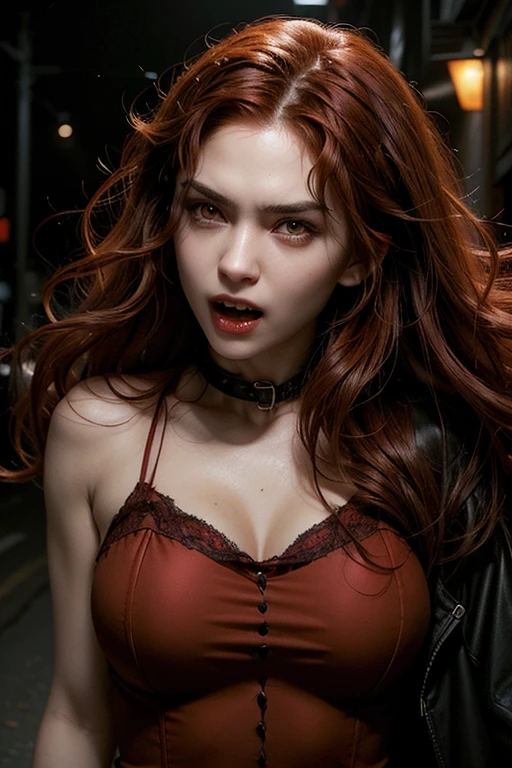 A 26-year-old female vampire with sharp fangs. She has curly red hair, a short fringe above the eyebrows, tanned skin, and large light yellow eyes with brown eyelashes. Her lips are crimson, partially revealing her fangs. She stands on a New York street at night in a dark setting, wearing red clothing.