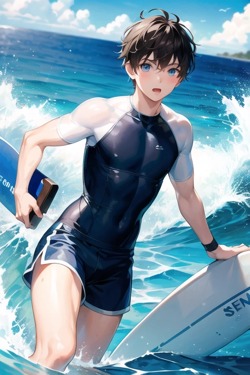 anime boy in a swimsuit standing in the ocean、Long Two Side Up Brown Hair Boy、Blue-eyed boy、is wearing a swimsuit、ワンピースswimsuit、swimsuit、A boy wearing a white and navy tank suit、swimsuit、ワンピースswimsuit着用、wet swimsuit、White and navy high-leg racing swimwear、競泳swimsuit、White and navy high-leg racing swimsuit、(anime boy)、on the beach、cute boy wearing tank suit、水泳競技用swimsuit、cute anime boy、cool boy wearing competition swimsuit、 cool anime boy、in the sea、pretty anime boy、anime moe art style、Smooth anime CG art、Also