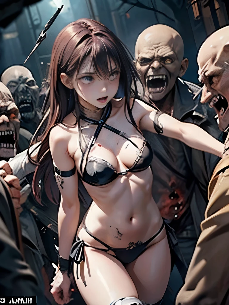 Best Quality、torture、slave、Constraints、BDSM、Captured by a zombie、Surrounded by zombies、defeat、Beautiful woman with very long purple hair、Full of wounds、White Armor（Small breasts、Cleavage、Off the shoulder、Sleeveless、No elbow pads、belly button、High Leg、Exposed thighs）、White Armorのブーツ、Tears overflow、Frightened expression、run away、Attacked by zombies 1:5、Many violent zombies 1:5、The zombie grabs his arm.　Zombie attacks from behind、Zombie grabs leg、Zombie Swarm 1:5、darkness、Different world、Dark fantasy、Pitch Black Hell