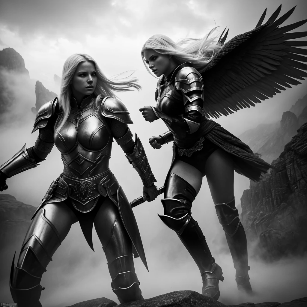 ((Photo shows a battle between an angel and a witch, an angel fights a witch)), battle, battlefield, angel vs. witch fight, hyperdetail, ultra-sharpness, 8k, (insanely detailed: 1.5), ((full-length photo)), 20 MP, canon eos r3, detailed leather, (perfect face: 1.5), highly detailed face