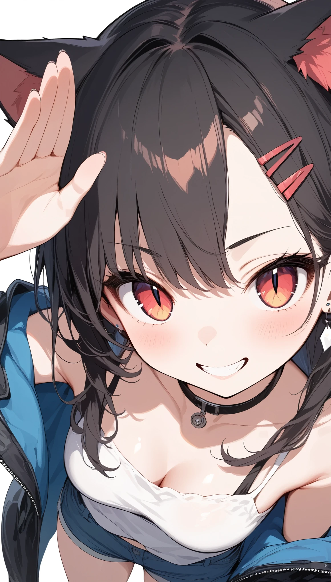 One Girl、grin、Face focus、Both sides up, View from above,salute、 Girl、(slit pupils), (Red eyes), (Beautiful detailed eyes: 1.6)、Black Hair、forehead, parted bangs、Long Hair、Twin tails(red gradient)，Cat ears and tail、medium breasts、Earrings、Hair Clip、 Tattered Coat, camisole,Shorts,Choker、Cyberpunk woman detailed silhouette, masterpiece、Best Quality、High resolution、Very detailed、Clear white skin、Simple white background,Great graphics、