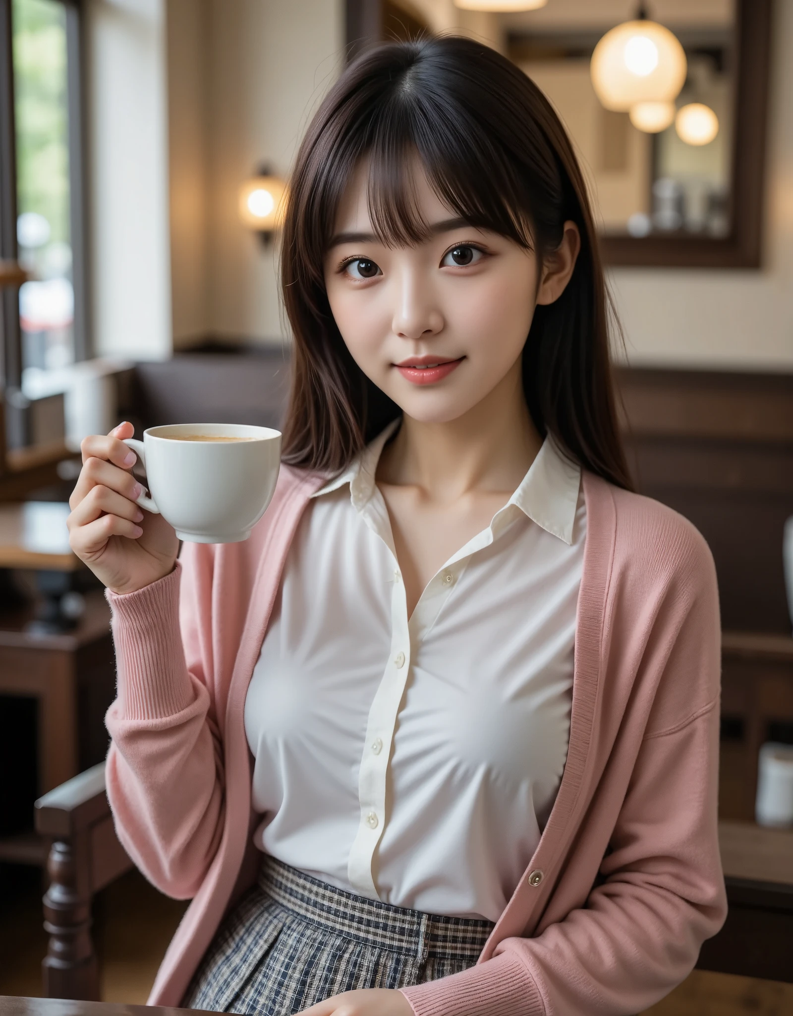 One Girl, Alone, Japanese women, Age 19, (Black Hair), (holding a coffee cup in one hand), sexy, smile, Very beautiful girl, (Super cute idol-like face, cute), Big eyes with double eyelids, Slightly longer bob hair, bangs, (pink wool cardigan, White blouse, Checkered Skirt)、Upper Body, (Relax in a chic atmosphere, Antique Coffee Shop), (masterpiece, Best Quality, 8k, Ultra-high resolution),