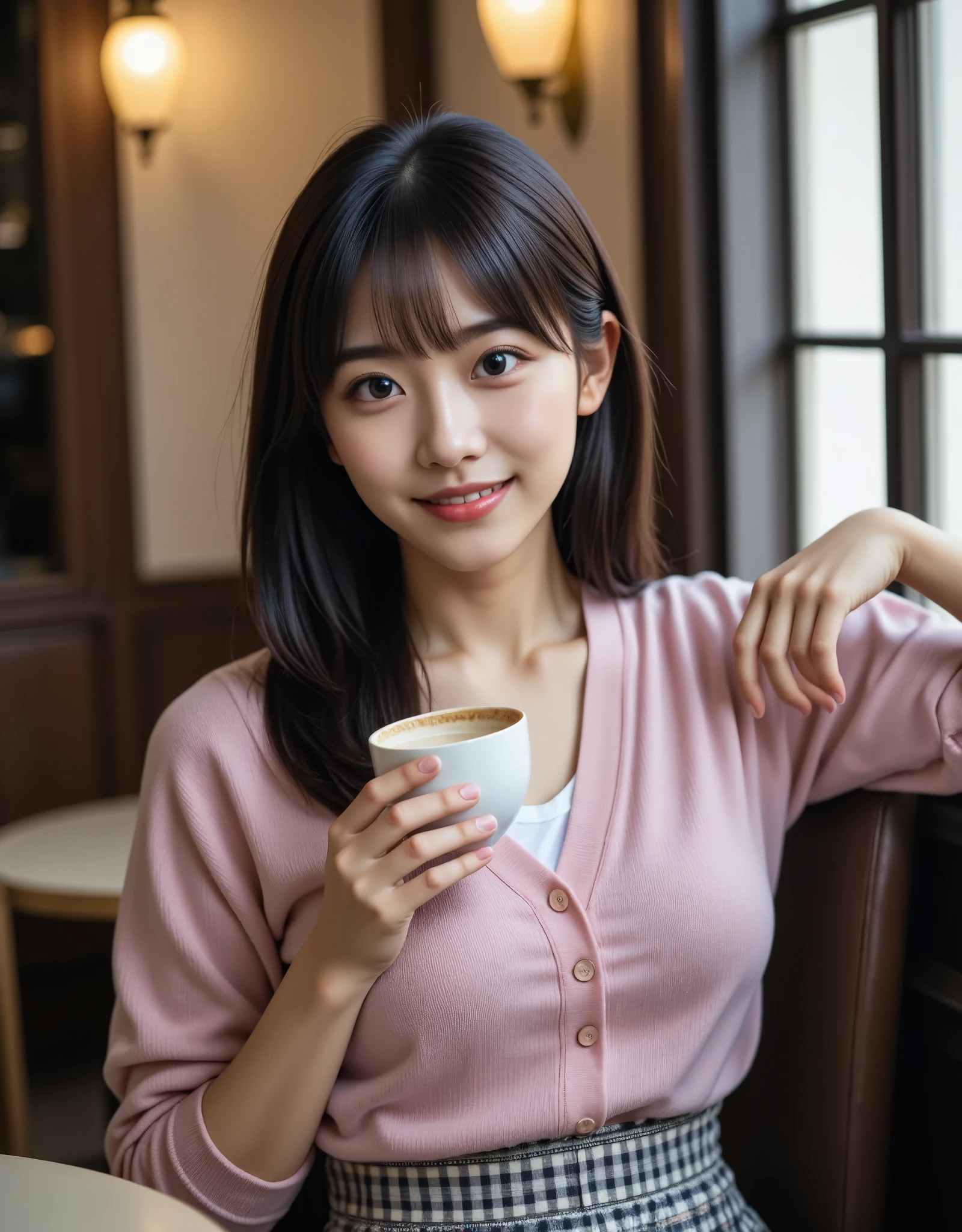 One Girl, Alone, Japanese women, Age 19, (Black Hair), (holding a coffee cup in one hand), sexy, smile, Very beautiful girl, (Super cute idol-like face, cute), Big eyes with double eyelids, Slightly longer bob hair, bangs, (pink wool cardigan, White blouse, Checkered Skirt)、Upper Body, (Relax in a chic atmosphere, Antique Coffee Shop), (masterpiece, Best Quality, 8k, Ultra-high resolution),