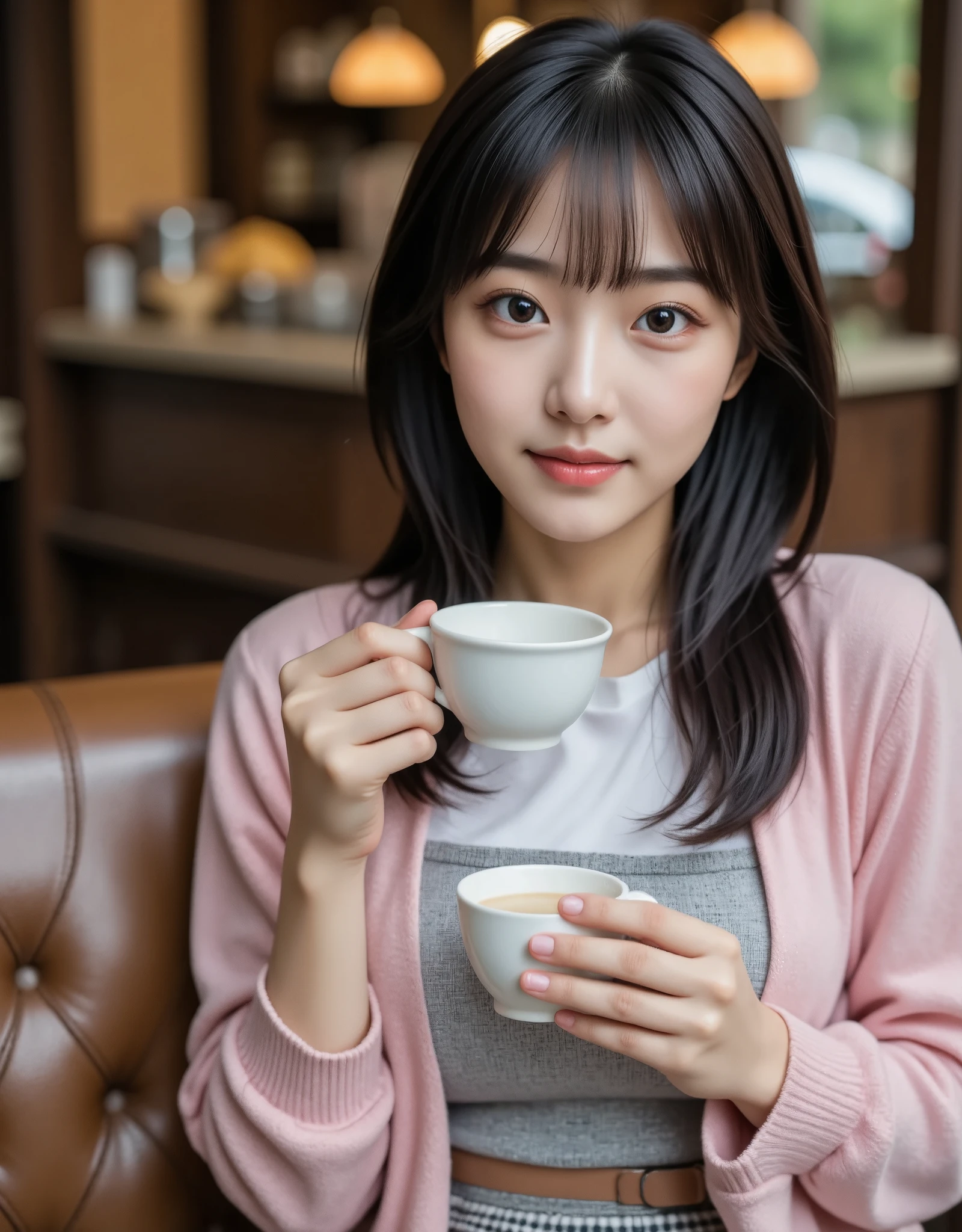 One Girl, Alone, Japanese women, Age 19, (Black Hair), (holding a coffee cup in one hand), sexy, smile, Very beautiful girl, (Super cute idol-like face, cute), Big eyes with double eyelids, Slightly longer bob hair, bangs, (pink wool cardigan, White blouse, Checkered Skirt)、Upper Body, (Relax in a chic atmosphere, Antique Coffee Shop), (masterpiece, Best Quality, 8k, Ultra-high resolution),