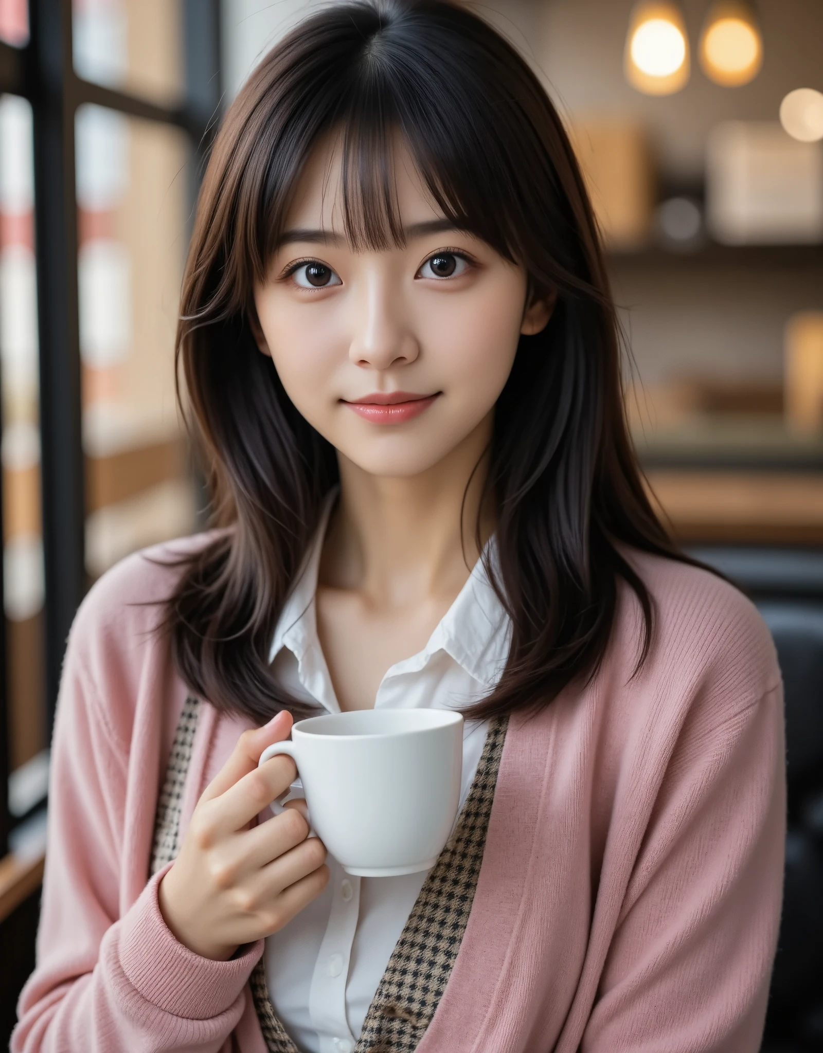 One Girl, Alone, Japanese women, Age 19, (Black Hair), (holding a coffee cup in one hand), sexy, smile, Very beautiful girl, (Super cute idol-like face, cute), Big eyes with double eyelids, Slightly longer bob hair, bangs, (pink wool cardigan, White blouse, Checkered Skirt)、Upper Body, (Relax in a chic atmosphere, Antique Coffee Shop), (masterpiece, Best Quality, 8k, Ultra-high resolution),