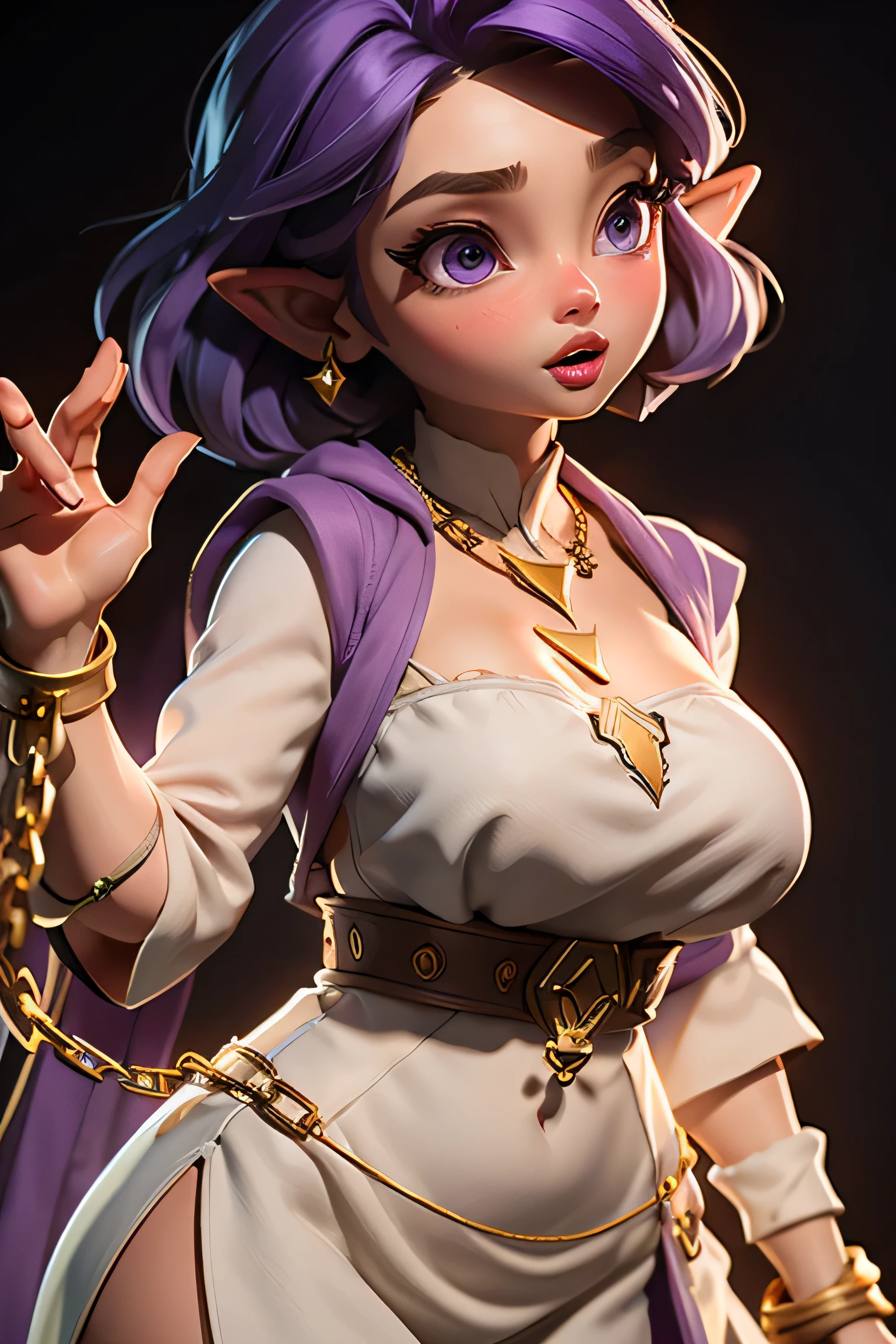 Little kid zelda, short hair, large breast, thick lips, big lips, purple hair, purple eyes, open mouth, princess dress, cleavage, lean forward, midriff peek, golden necklace, side breast visable, white tunic, chained up,