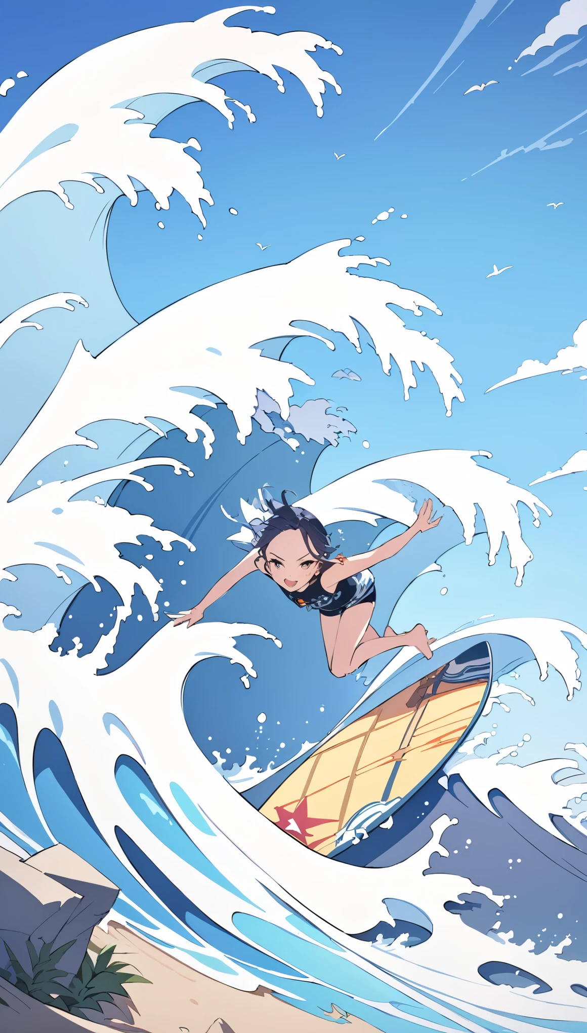 Anime woman with bikini looking towards the sky in a very expressive pose extended both arms perspective of the feet towards the sky making the sign of love and peace