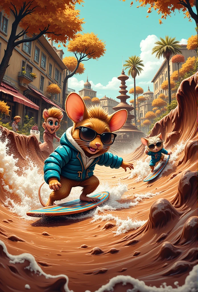 A little mouse boy in clothes surfs in a chocolate fountain, A river of chocolate overflowing from a chocolate fountain, A woman looking surprised from a restaurant, A mouse on a surfboard, A hamster on a surfboard, Chinchilla on a surfboard, cat on a jet ski ,Strong current,Big Wave,Surfing Race,マンガ風のキャラクター,サングラスをかけたイタズラネズミ達,レストラン