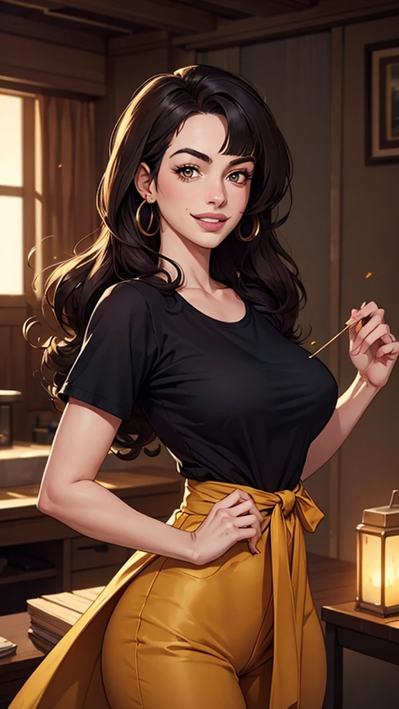 very young slim fit girl, full height, rounded face, very long disheveled dark brown hair, big brown eyes, shy smile, (perfect flat breast:1.3), band on head with fake cat ears, sashagrey, short tight blue pleated skirt, belt, topless, by Sasha Khmel