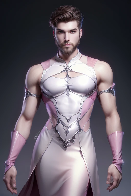 Young man having long legs, thick thighs, large wide hips,thin and narrow weist, long legs, thick thighs, wide hips, thin and narrow weist, shaved beard, wearing a cultivation dress, pink dress, detached sleeves, pink gloves, intrinsic design, silver trim, Solo, High Resolution, Looking at viewer, young man, hot male, bearded man, Smile, Short Hair, very small boyish haircut Jewelry, young man, hot male, bearded man