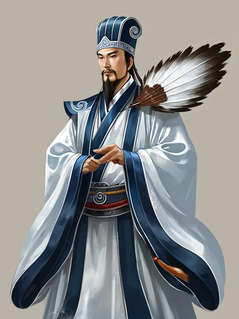 Digital illustration, Ancient Chinese scholars, Traditional Costume, Embroidered Robe,  Zhuge Kongming,  , White and blue palette, gesture, Serious expression, Attention to detail, Historical figures, Standing pose, Feather fan,  Red Cliff、