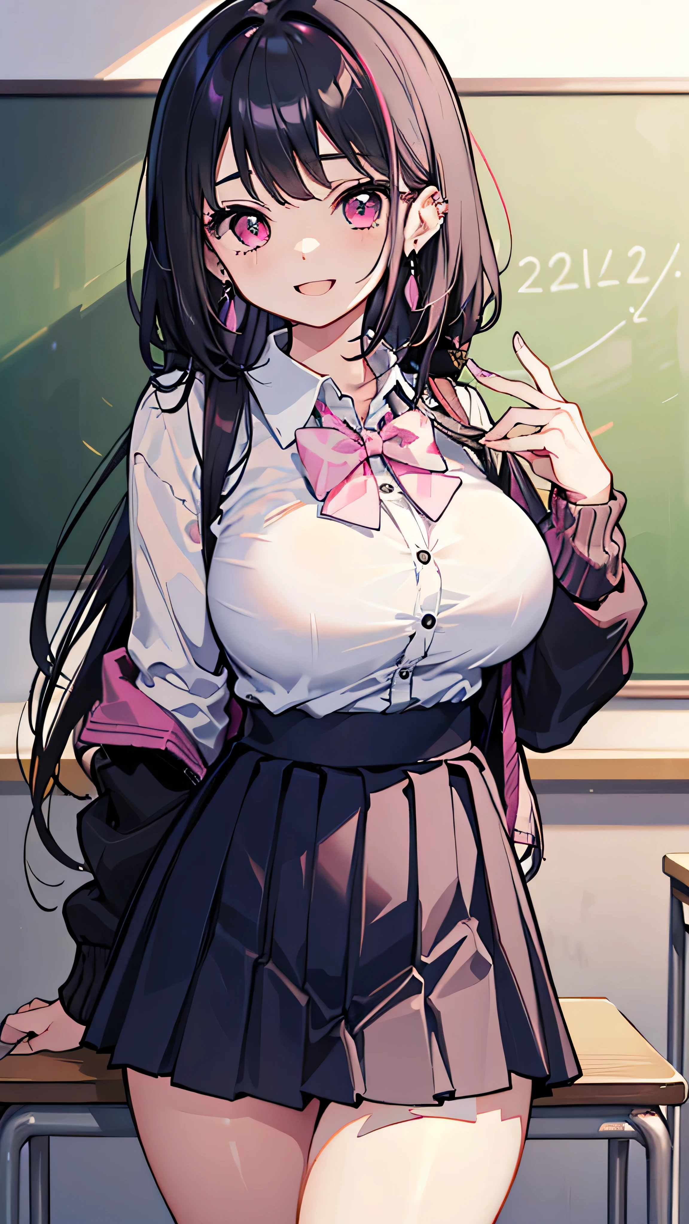 (masterpiece、Please redeem、Very detailed))、One Girl、Improve、Black Hair、Long Hair、Pink inner hair、Pink Eyes、Wicked Smile、((Open your mouth))、((Lots of earrings))、((Large Breasts))、((White collar shirt))、、Bow tie、((Black pleated skirt))、((mini skirt))、Cardigan at waist、((Thick waist))、Thighs、Cowboy Shot、Classroom Background