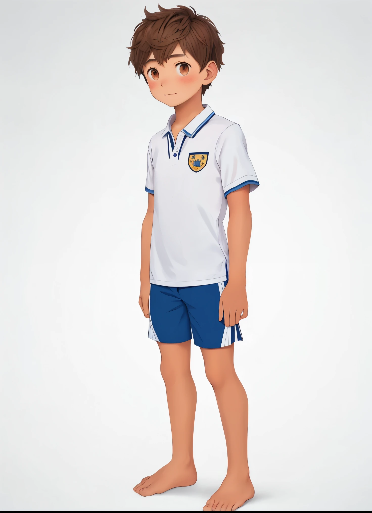 Full Body length image, full body shot, Beautiful boy with freckles, , just wearing school uniform,, looking at viewer, Tan lines, (natural brown Eyes color), slender underdevloped body shape, medium wavy brown hair, seductive,, cute, standing, wearing short grey shorts, .medium long wavy Brown Hair, High Resolution, Hair Between Eyes, Blush, Happy, Character Sheet Full-Length,