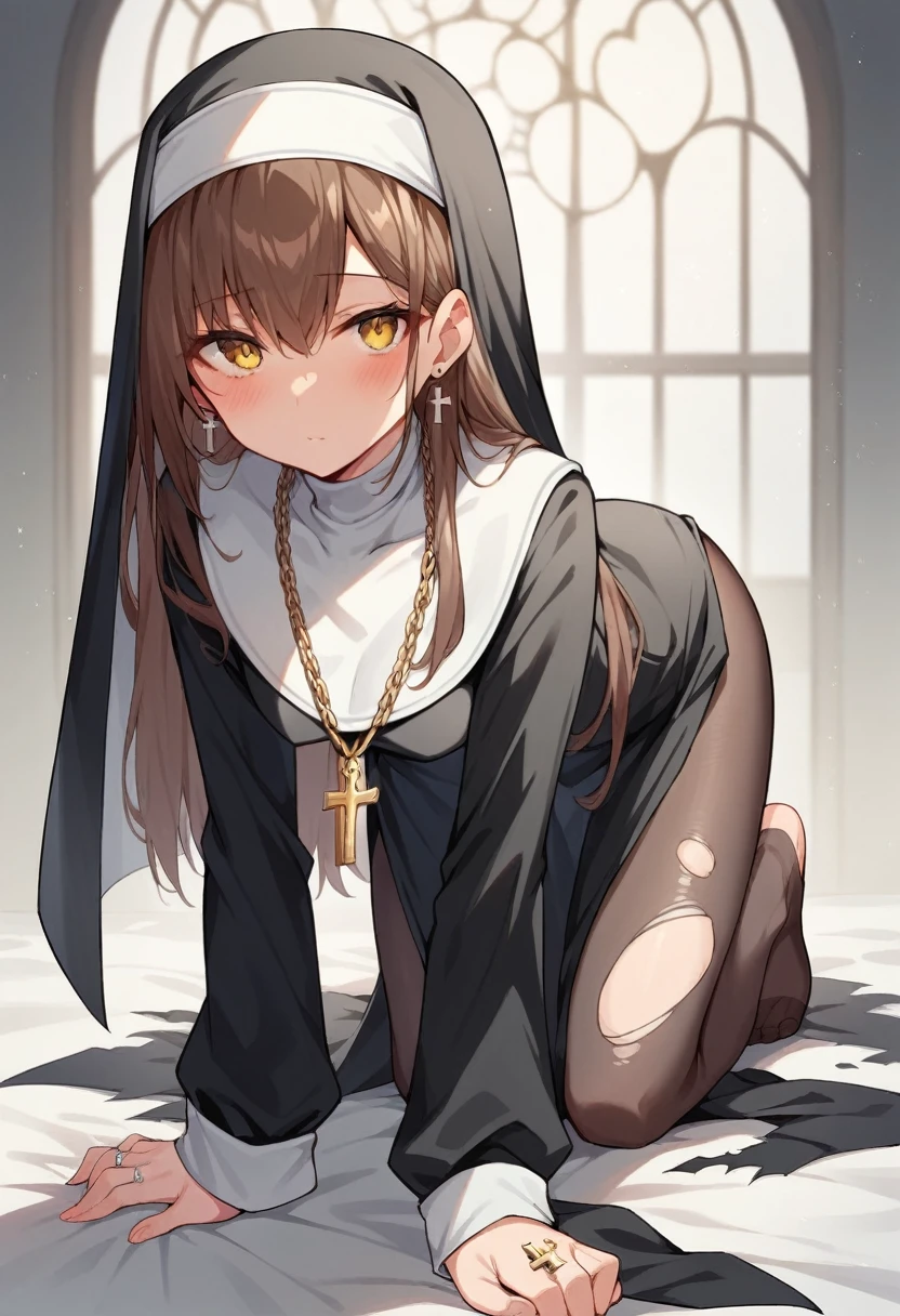 in the night, faint light, POV, (((destroyed medieval town, collapsed Church))),, brown hair, brown eyes, flat chest, (wearing nun's uniform), (torn clothes), no bra, bottomless, show off pussy, disdain, contemptuous, (disgust, scared, cry), skyporn, Areola, puffy niples, nipples through, ((best quality)), spread pussy, sexual fluid, pussy juice, drooling, dirty skin, on the altar, be sacrificed, {{{trembling}}}, SM, BDSM, shibari, chain, shackles, bondage, torture, the dungeon, captivity, slave, spread pussy, best quality, ultra-detailed, high resolution