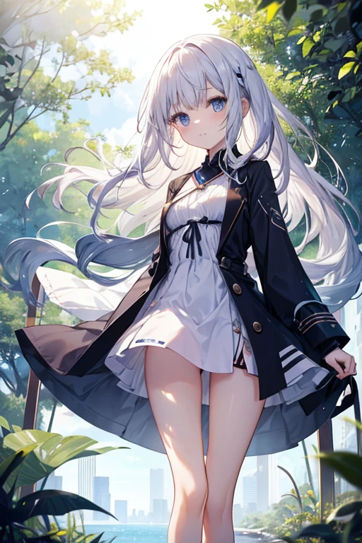 Skinny girl with slim legs, She was wearing a small、Revealing her ample breasts, She is small、Clinging to a mature tree, Her long white hair、It moves smoothly when the wind is not blowing from the front.。, She has a &#39;s face and plump lips, Her skin is white, She looks cute and has big eyes。.