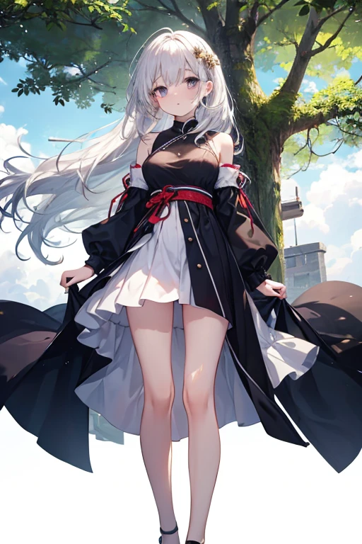 Skinny girl with slim legs, She was wearing a small、Revealing her ample breasts, She is small、Clinging to a mature tree, Her long white hair、It moves smoothly when the wind is not blowing from the front.。, She has a child&#39;s face and plump lips, Her skin is white, She looks cute and has big eyes。.