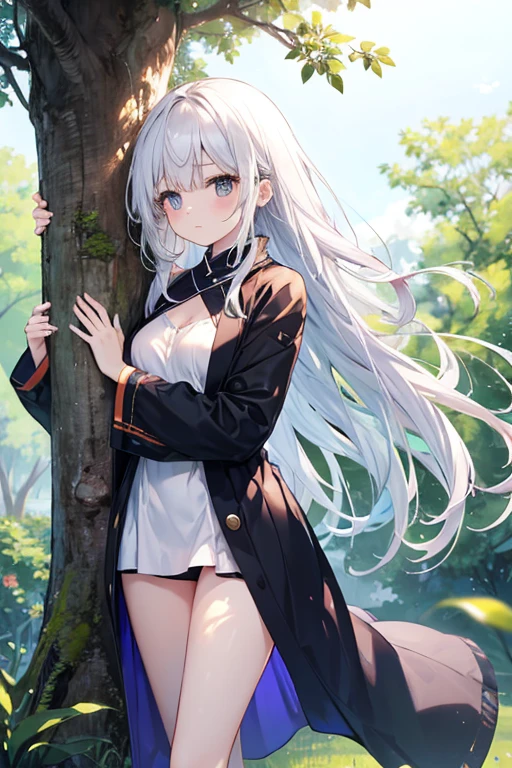 Skinny girl with slim legs, She was wearing a small、Revealing her ample breasts, She is small、Clinging to a mature tree, Her long white hair、It moves smoothly when the wind is not blowing from the front.。, She has a child&#39;s face and plump lips, Her skin is white, She looks cute and has big eyes。.