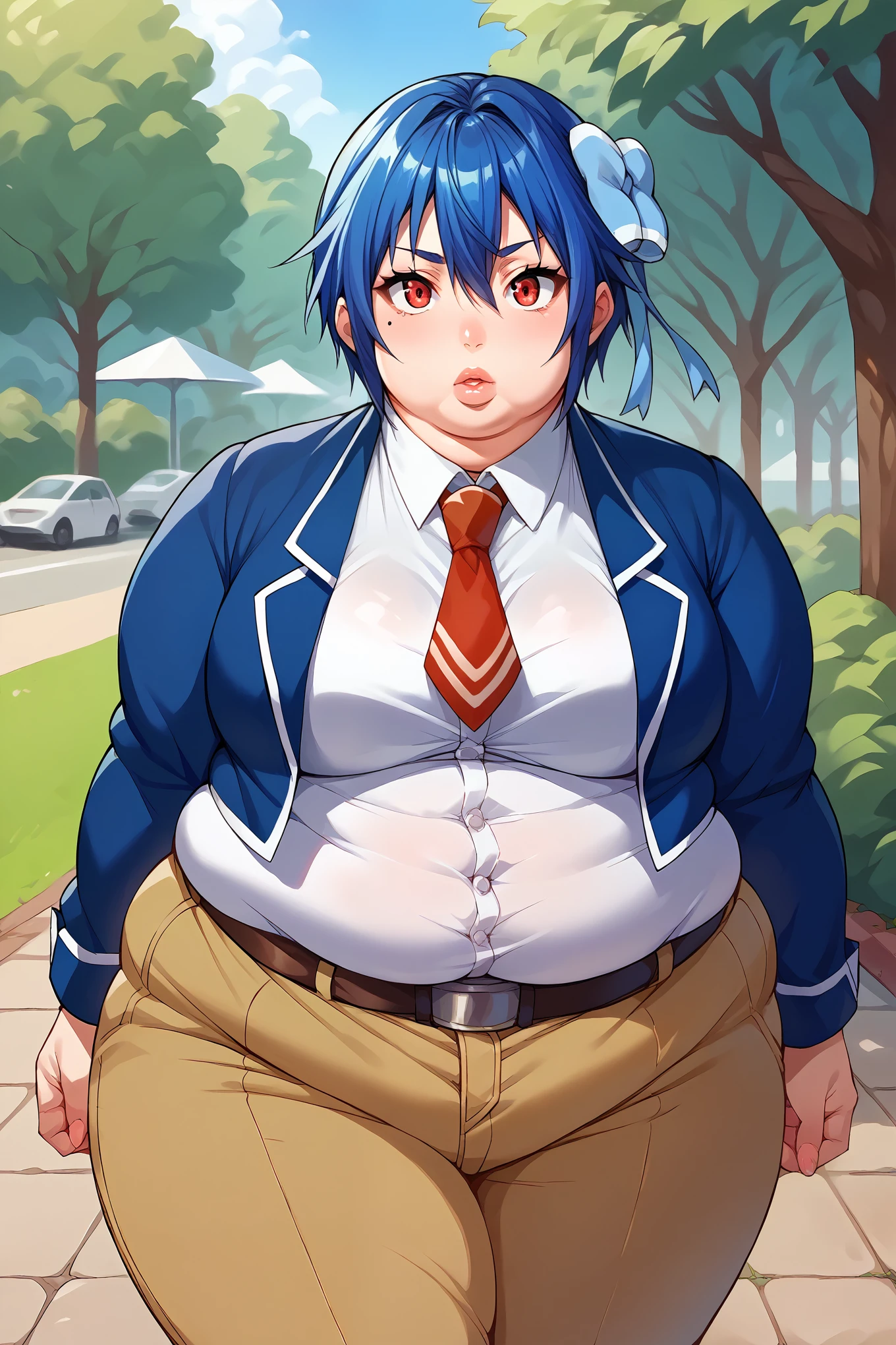 score_9, score_8_up, score_7_up, score_6_up, source_anime, 1girl, solo BREAK tsugumi seishirou, mole under eye, blue hair, short hair, hair bow, blue jacket, white button up shirt, button up collared shirt, red necktie, belt, brown pants, park, looking at you, medium breasts, fat, chubby, obese, big lips, fat arms, fat legs