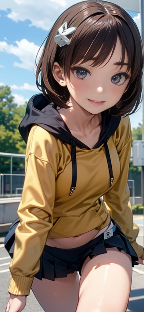 One beautiful girl, (Cropped hoodie, Navy blue pleated micro mini skirt:1.3), (:1.3), break, (Park playground equipment background), break, Shy laugh, baby face, Very beautiful eyes, (Symmetrical eyes:1.3), break, Brown eyes、Straight nose, Parted bangs, Brown Bob Cut:1.3, Round face, cute, break, (Eyes and face detailed:1.0), Shoot from below:1.3, pussy line, Camel Toe, Looking into the camera, masterpiece, RAW Photos, Realistic, cute people々, detailed boundary, High resolution, Very detailedな, detailed, Very detailed, Very detailed, Sharp Eye, Cinema Lighting, whole body