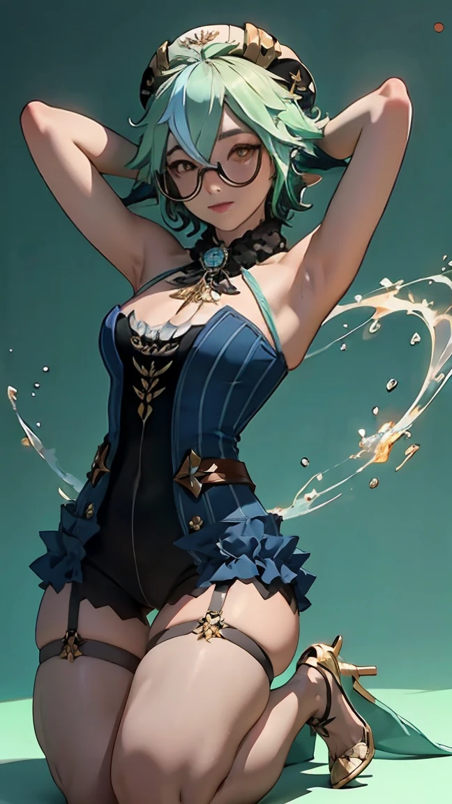 1 girl, full body, high detailed face, high detailed dress, smile, looking at viewer, armpits, arms up, standing up, dynamic pose, medium breasts, cleavage, downblouse, cameltoe, sexy, perfect body, no stockings, kneeling, on a table in an alchemist laboratory.