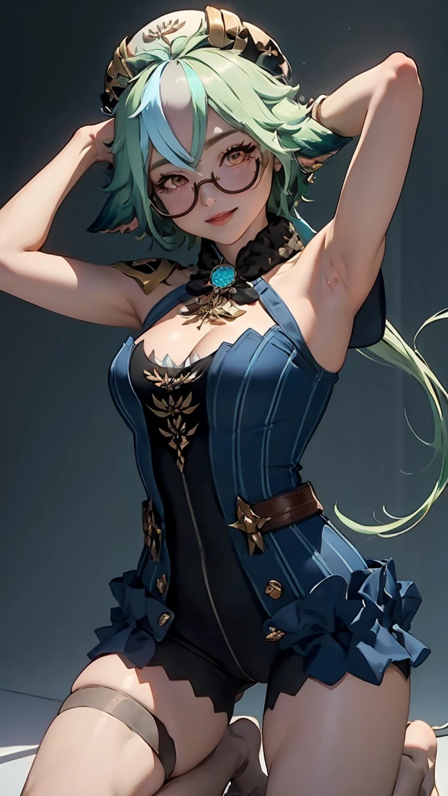 1 girl, full body, high detailed face, high detailed dress, smile, looking at viewer, armpits, arms up, standing up, dynamic pose, medium breasts, cleavage, downblouse, cameltoe, sexy, perfect body, no stockings, kneeling, on a table in an alchemist laboratory.