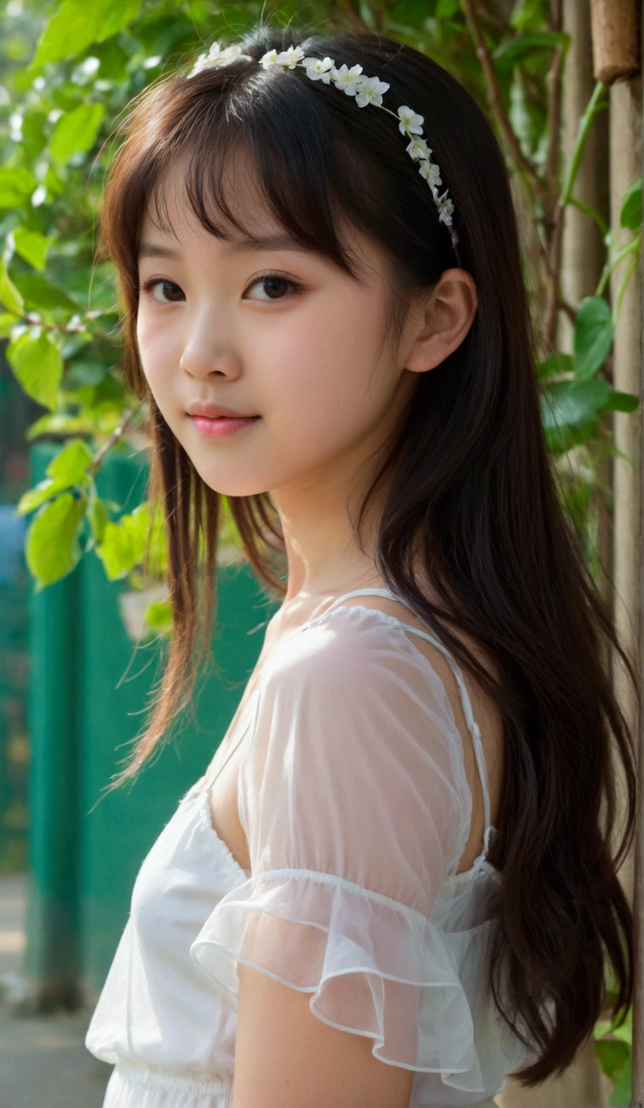 Prettiest asian girl, the cutest asian girl, sweet asian girl on the schoolyard, relaxing, age 9 with cute budding_breast, pale skin, juveniles physique, charming adolescents girl, wear white ((transparent)) camisole dress that show off her unique cuteness, full-body shot