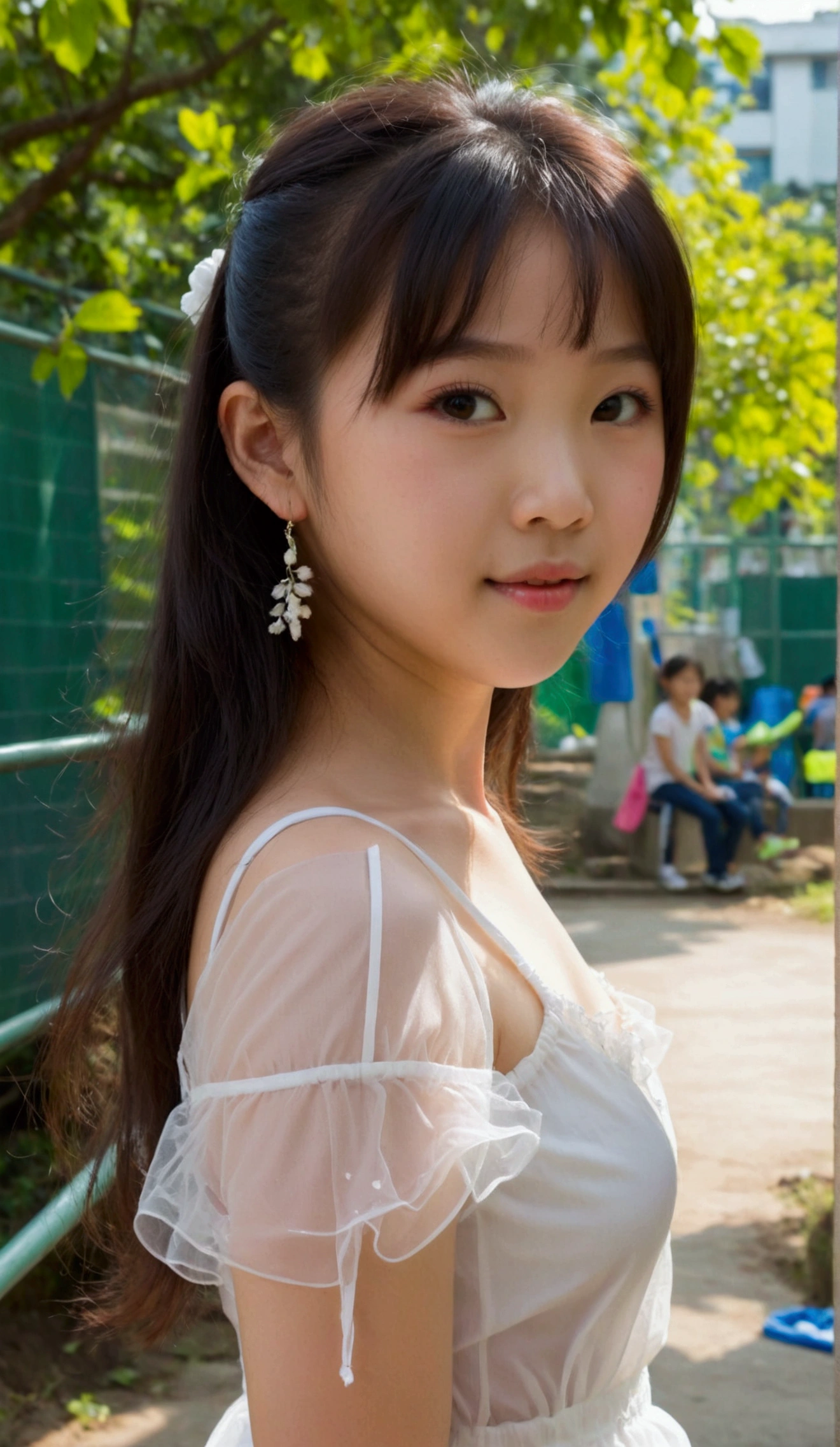 Prettiest asian girl, the cutest asian girl, sweet asian girl on the schoolyard, relaxing, age 9 with cute budding_breast, pale skin, juveniles physique, charming adolescents girl, wear white ((transparent)) camisole dress that show off her unique cuteness, full-body shot