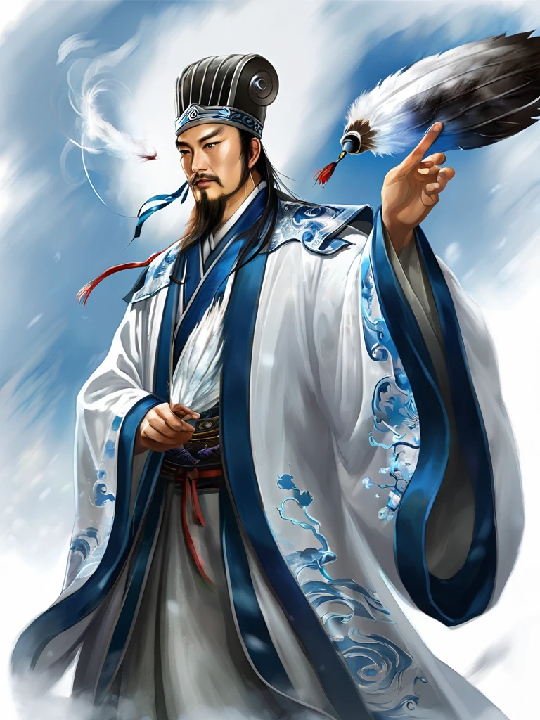 Burning effect、Digital illustration, Ancient Chinese scholars, Traditional Costume, Embroidered Robe,  Zhuge Kongming,  , White and blue palette, gesture, Serious expression, Attention to detail, Historical figures, Standing pose, Feather fan,  Redcliffe、