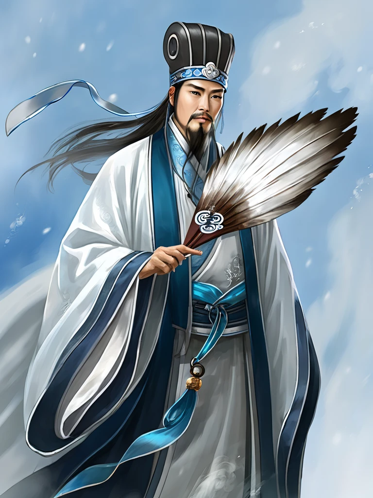 Wind blowing effect、Digital illustration, Ancient Chinese scholars, Traditional Costume, Embroidered Robe,  Zhuge Kongming,  , White and blue palette, gesture, Serious expression, Attention to detail, Historical figures, Standing pose, Feather fan,  Redcliffe、