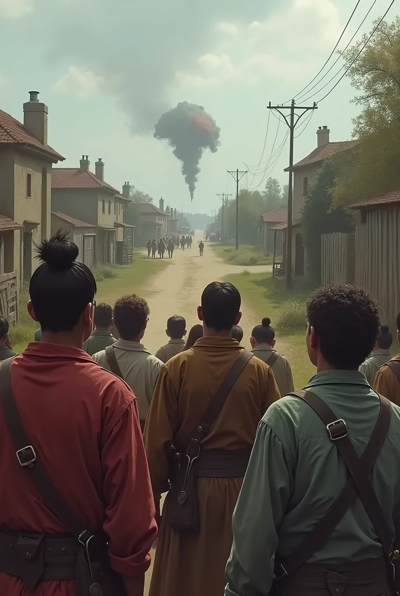 In the field, many soldiers looked at the sky, opening their mouths to look very shocked.