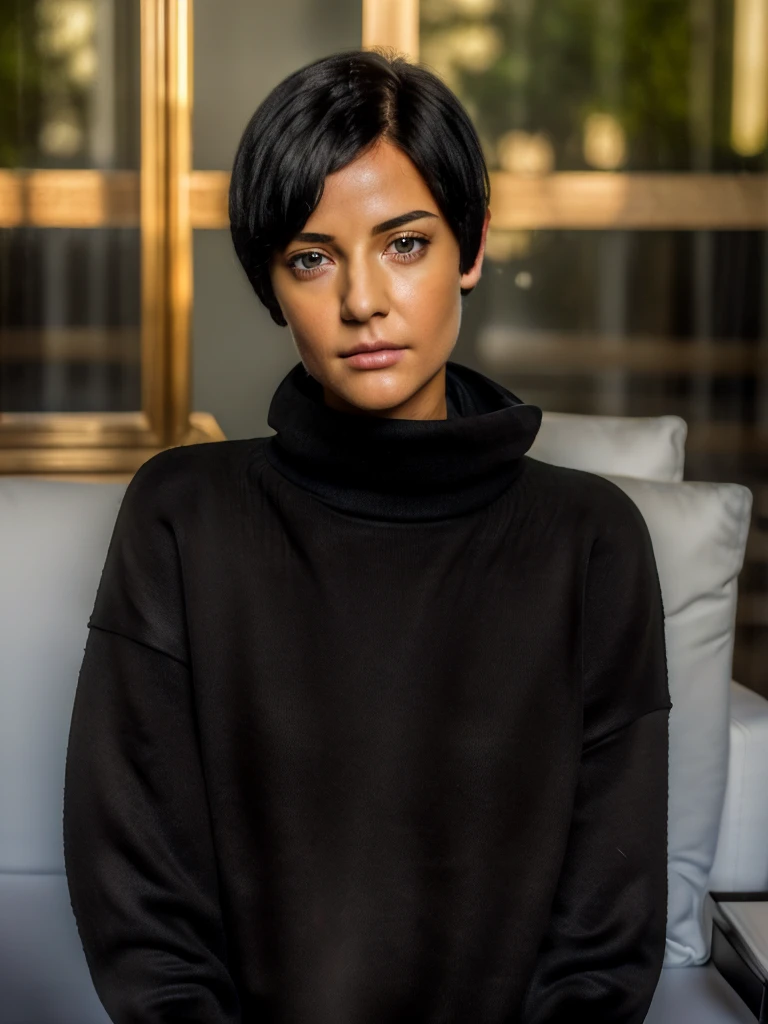 ((full body, a woman sitting in the dark looking out of the window into the city)), beautiful eyes, beautiful girl, high detail skin, high detail eyes, high detail hai <lora:DemiMooreYoungv2Lora:0.9> 1woman, realistic, black hair, brown eyes, nose, closed mouth, short hair, grey pullover, moody lights
