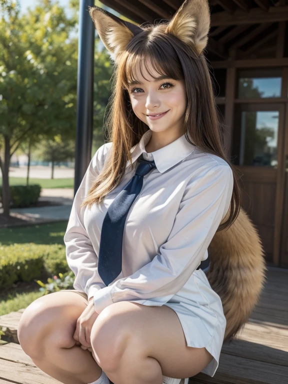 ((Highest quality, 8k)), ((masterpiece)), (Highest Resolution), Perfect Face, Fox Woman, Female college student, Beautiful woman, Outdoor, Only one tail, she has thick thighs, Her large tail, She has a brown fox tail., She wags her fluffy tail, Smiling with teeth showing, fluffy collar, She wears fluffy shoes, Plump Breasts, Beautiful Hips , Fox tail sticking out from butt