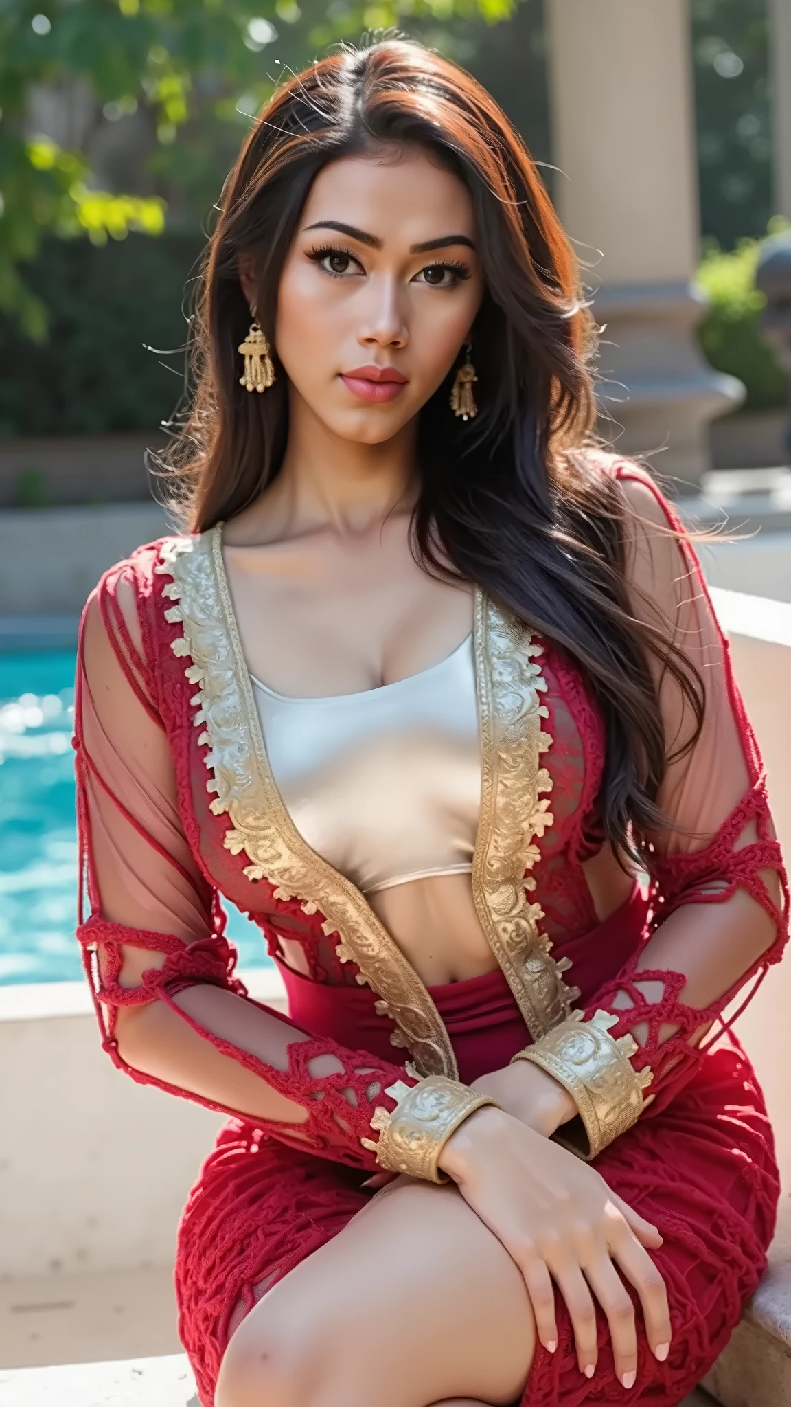 A stunningly beautiful woman, aged 25, exudes allure and captivation as she poses seductively on a luxurious terrace in Australia, surrounded by her equally enchanting friends. Their mesmerizing eyes and luscious lips are accentuated by expertly applied makeup, highlighting their flawless, detailed features. The woman's long, dark hair is swept up into a high ponytail, while her exquisite red punjabi suit and kurti with dupatta gracefully billow in the gentle breeze. The vibrant colors of her attire pop against the pristine, oceanic backdrop, evoking an air of affluence and sophistication. Incorporate the artistic styles of Realistic & Detailed for a vivid and lifelike representation, highlighting every intricate detail and texture.