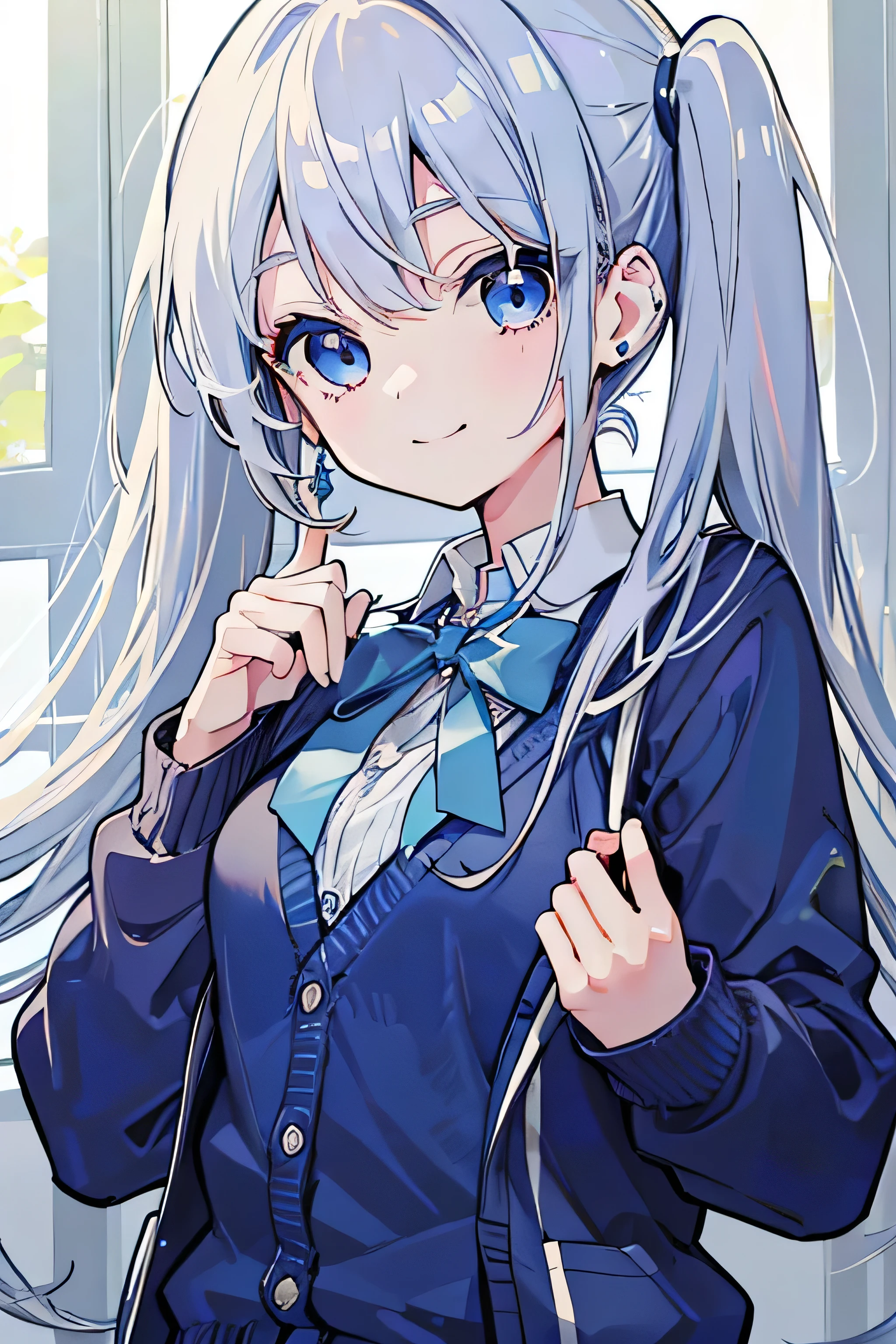 Silver-haired blue eyes、 girl、small breasts、twin tails、smile、gal girl、wearing cute earrings、uniform、knit cardigan、Has eye highlights、School、blue sky