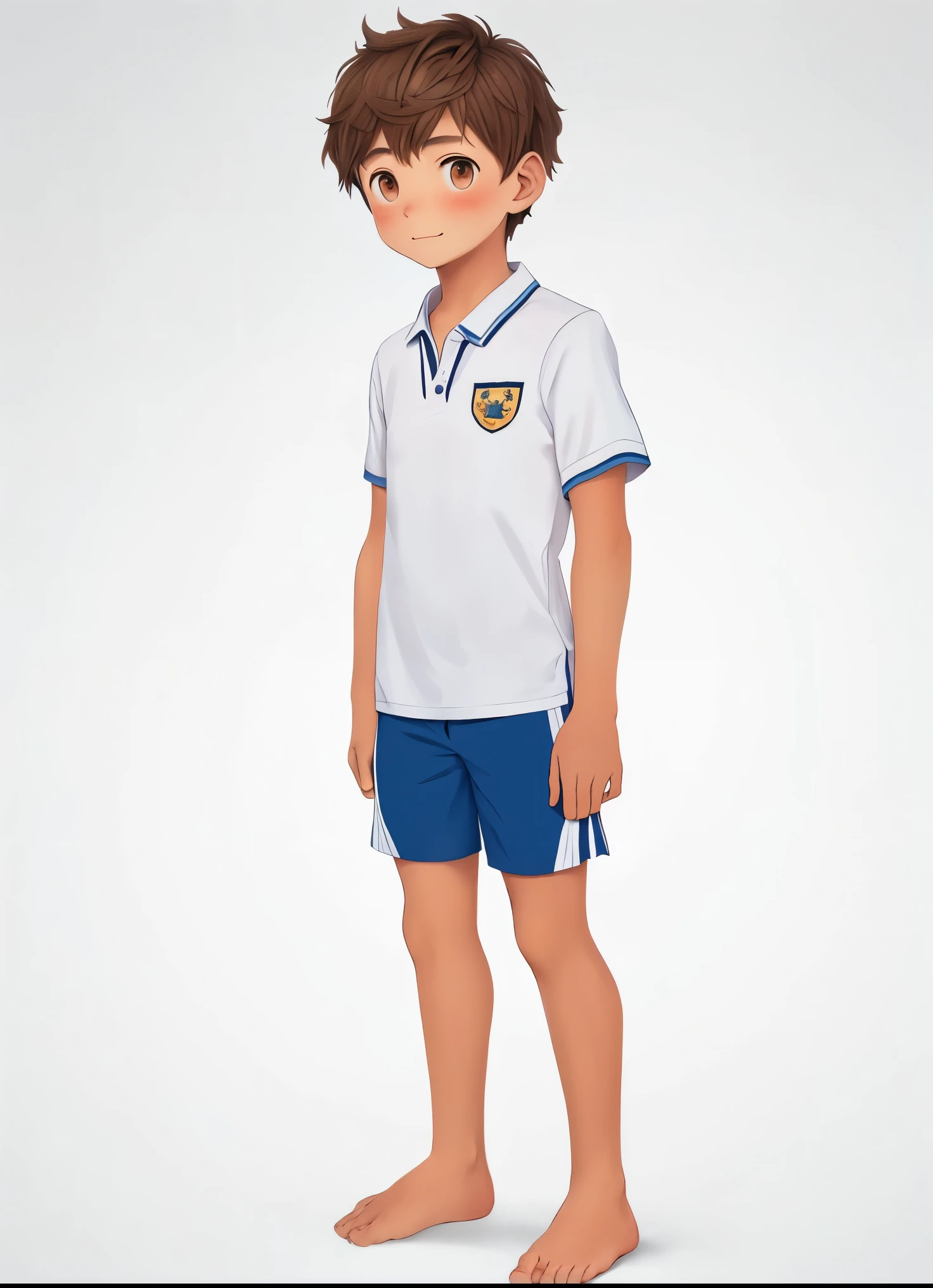 Full Body length image, full body shot, Beautiful  boy with freckles, , just wearing school uniform,, looking at viewer, Tan lines, (natural brown Eyes color), slender underdevloped  body shape, medium wavy brown hair, seductive,, cute, standing, wearing short grey shorts, .medium long wavy Brown Hair, High Resolution, Hair Between Eyes, Blush, Happy, Character Sheet Full-Length, 