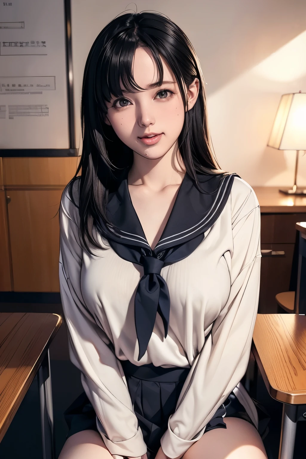 (RAW Photos), (Realistic), (Photorealistic), Ultra-high resolution, masterpiece, Highest quality, Portraiture, facial Portraiture, Perfect lighting, Detailed lighting, Dramatic Shadows, A young woman, solo, wearing a sailor uniform, sitting in a classroom, (School 1.5 in the background), (Serious expression, Hot 1.5), (highest quality: 1.1), (masterpiece: 1.3), with an unparalleled masterpiece, Surreal 8K, Perfect artwork, Super detailed, highest quality, masterpiece 4K wallpaper aesthetics, masterpiece, Award-winning works, Official Art, Cinema Lighting, Small Breasts, long straight hair, (((black hair))), (((Mouth half open))), ((smile)),