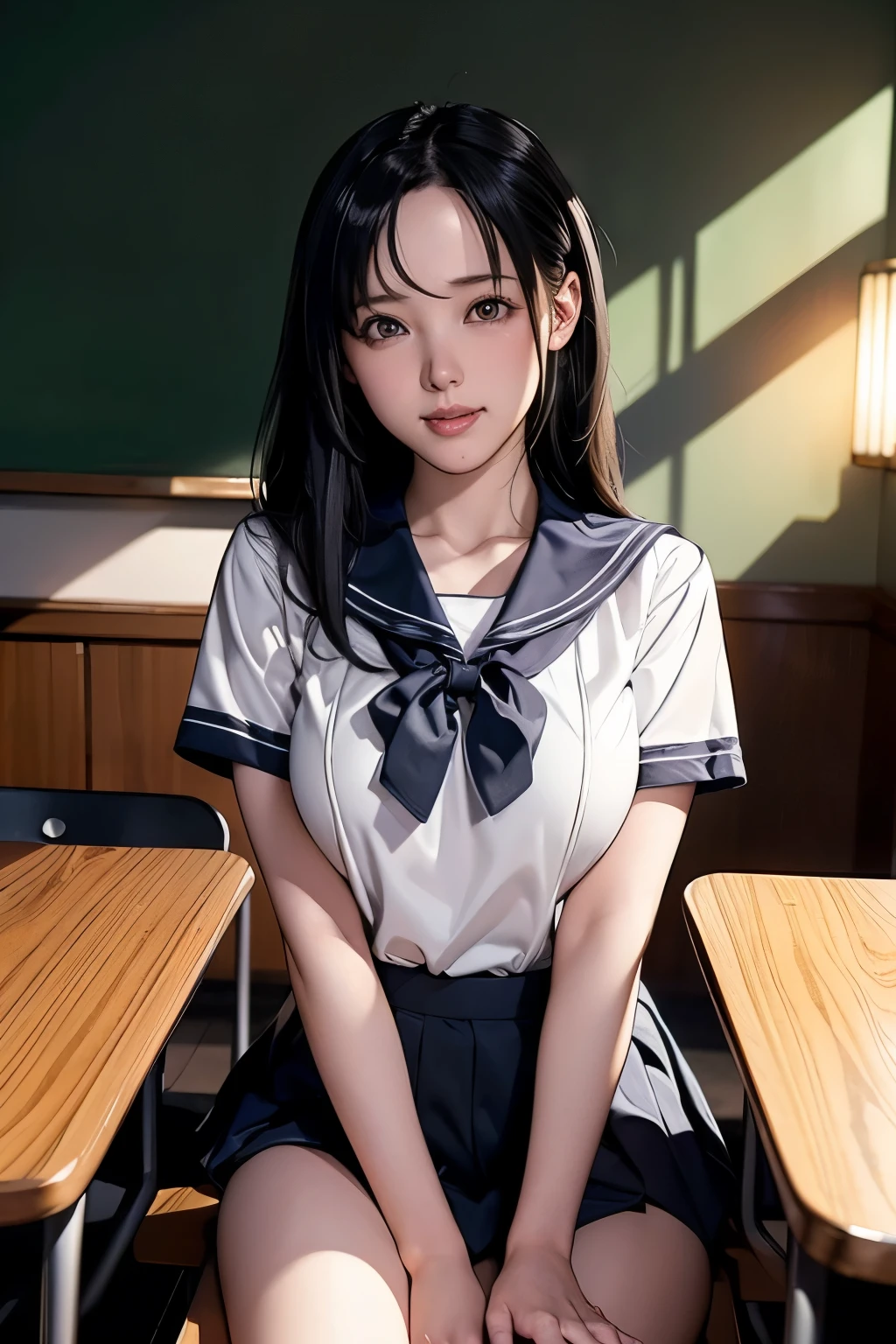 (RAW Photos), (Realistic), (Photorealistic), Ultra-high resolution, masterpiece, Highest quality, Portraiture, facial Portraiture, Perfect lighting, Detailed lighting, Dramatic Shadows, A young woman, solo, wearing a sailor uniform, sitting in a classroom, (School 1.5 in the background), (Serious expression, Hot 1.5), (highest quality: 1.1), (masterpiece: 1.3), with an unparalleled masterpiece, Surreal 8K, Perfect artwork, Super detailed, highest quality, masterpiece 4K wallpaper aesthetics, masterpiece, Award-winning works, Official Art, Cinema Lighting, Small Breasts, long straight hair, (((black hair))), (((Mouth half open))), ((smile)),