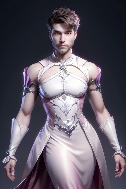 Young man having long legs, thick thighs, large wide hips,thin and narrow weist, long legs, thick thighs, wide hips, thin and narrow weist, shaved beard, wearing a cultivation dress, pink dress, detached sleeves, pink gloves, intrinsic design, silver trim, Solo, High Resolution, Looking at viewer, young man, hot male, bearded man, Smile, Short Hair, very small boyish haircut Jewelry, young man, hot male, bearded man