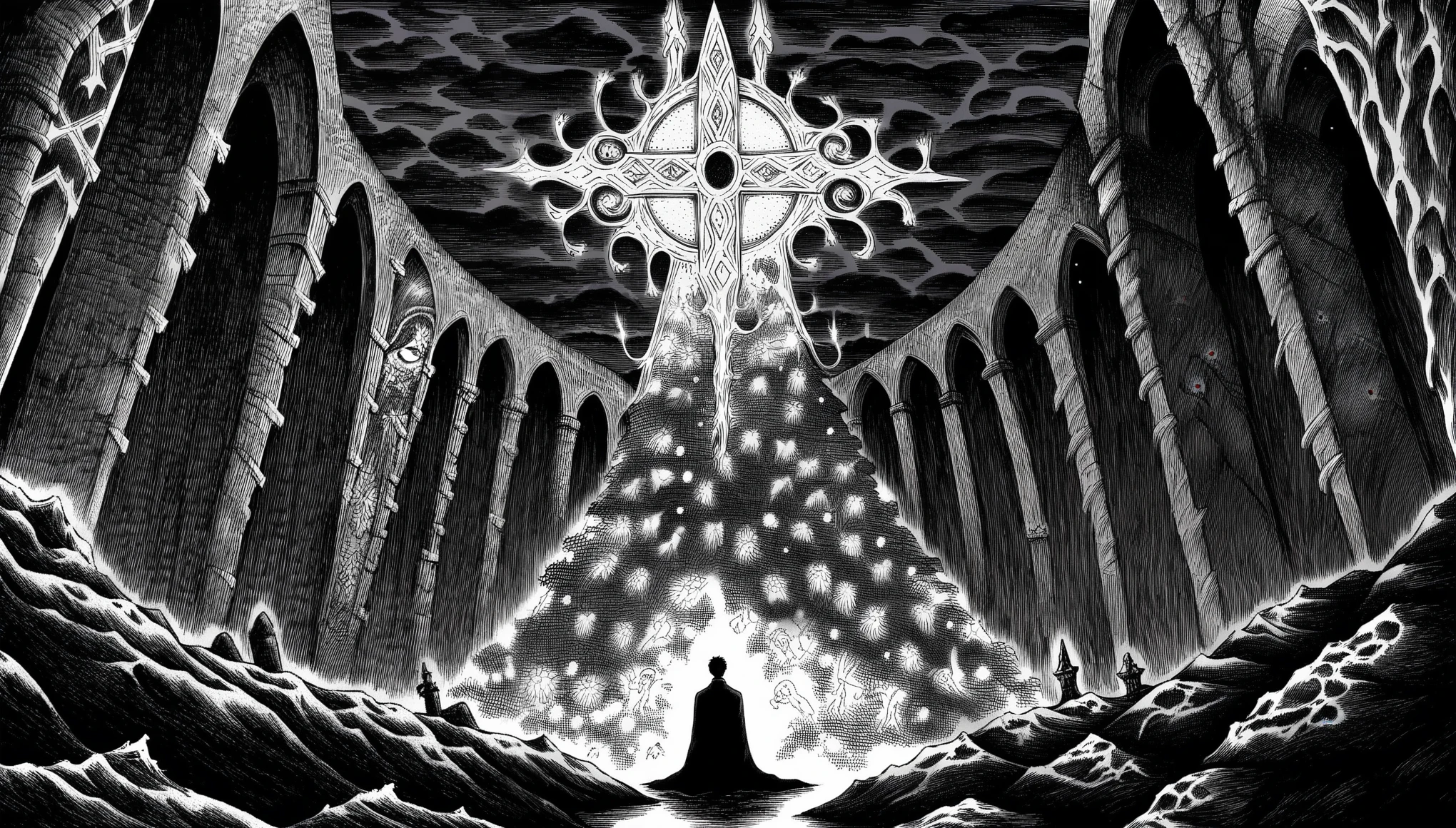 score_9, score_8_up, score_7_up, score_6_up, a black-and-white image manga berserk style image of a towering, ancient cathedral stands alone on a barren plain, its spires twisted and reaching unnaturally toward the dark sky. The stone walls are cracked and oozing dark blood that pools at its base, soaking the surrounding earth. The stained glass windows depict horrific, disfigured saints, their eyes weeping tears of fire. Inside, the pews are made from twisted human bones, and the air is thick with a suffocating, rotten stench. The altar, at the far end of the nave, is covered in writhing, shadowy tendrils that seem to pulse with a life of their own. The ceiling is adorned with grotesque, angelic figures, their faces contorted in agony, watching over the desecrated sanctuary. Onomatopoeia for the sound of distant chants and wet dripping fills the scene