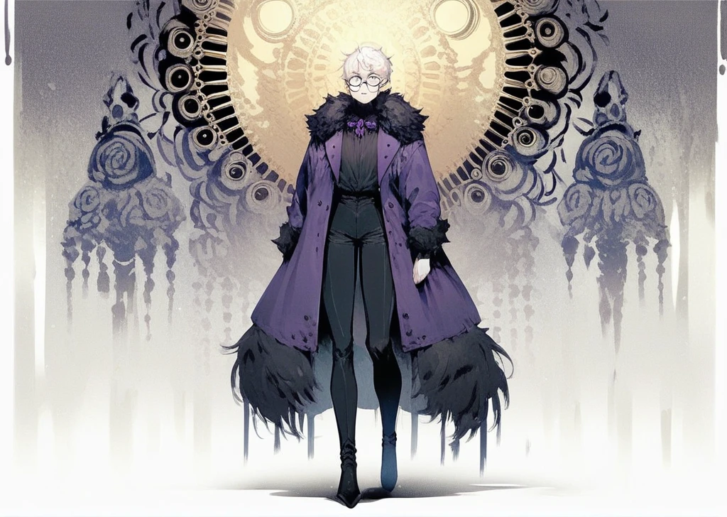 score_9, score_8_up, score_7_up, uncensored femboy, victorian clothes, black fur coat, fur collar, black shirt, embroidered purple vest, tight pants, white hair, pale skin, glasses, full body shot, full body in frame, shizoeyes, dark fantasy
