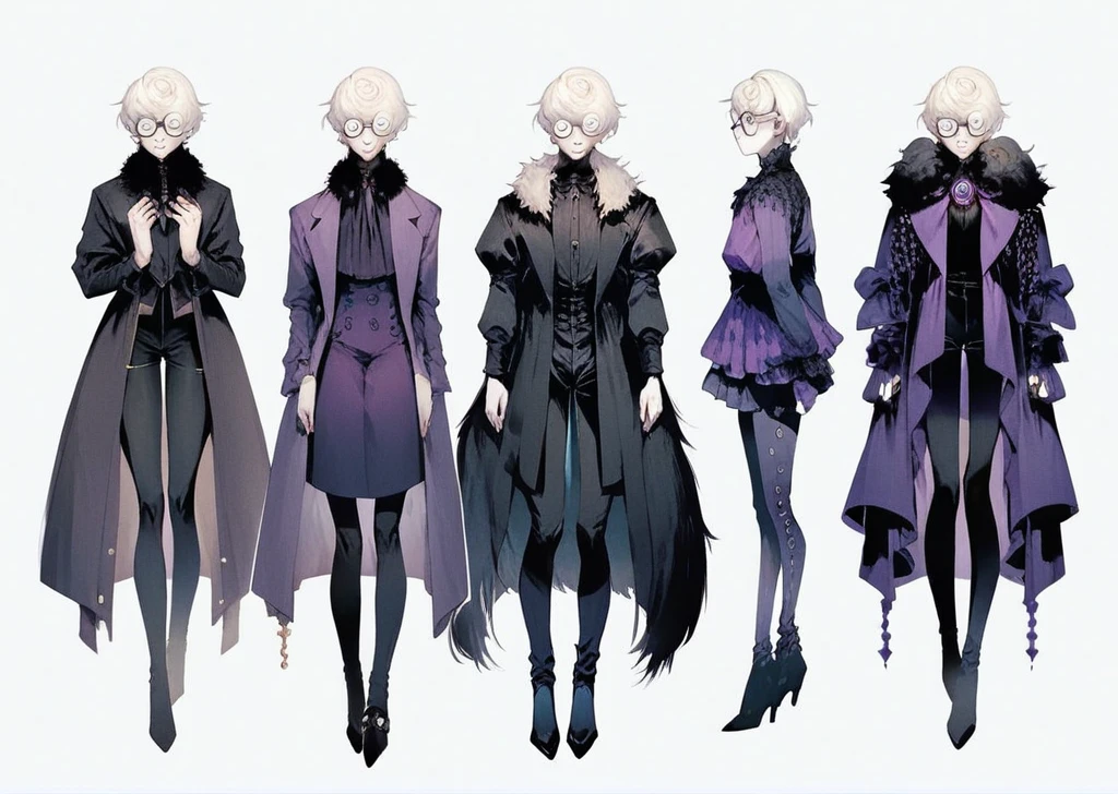 score_9, score_8_up, score_7_up, uncensored femboy, victorian clothes, black fur coat, fur collar, black shirt, embroidered purple vest, tight pants, white hair, pale skin, glasses, full body shot, full body in frame, shizoeyes, dark fantasy
