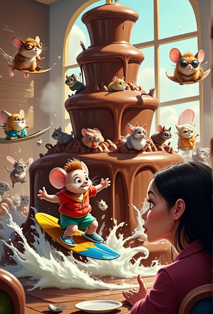 A little mouse boy in clothes surfs in a chocolate fountain, A river of chocolate overflowing from a chocolate fountain, A woman looking surprised from a restaurant, A mouse on a surfboard, A hamster on a surfboard, Chinchilla on a surfboard, cat on a jet ski ,Strong current,Big Wave,Surfing Race, Cartoon characters, mischievous mice wearing sunglasses, in restaurant